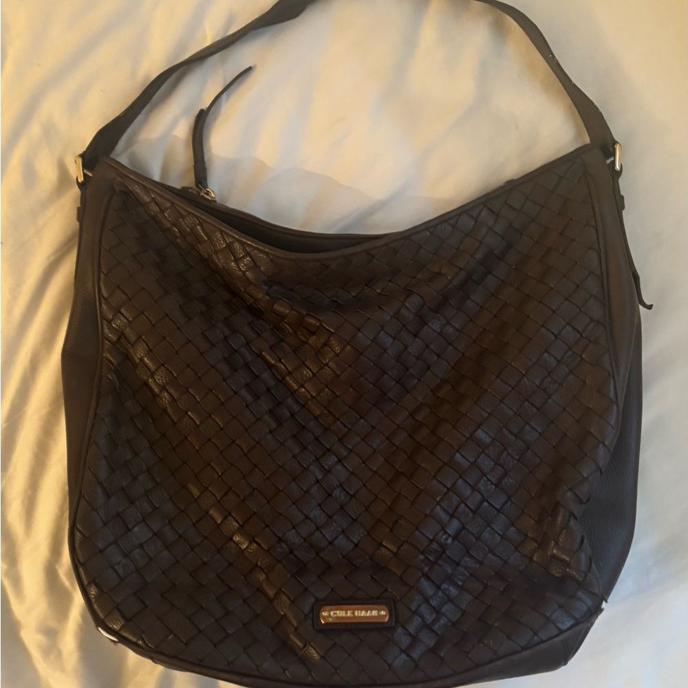 COLE HAAN Classic Woven Leather Hobo Bag - Dark Brown